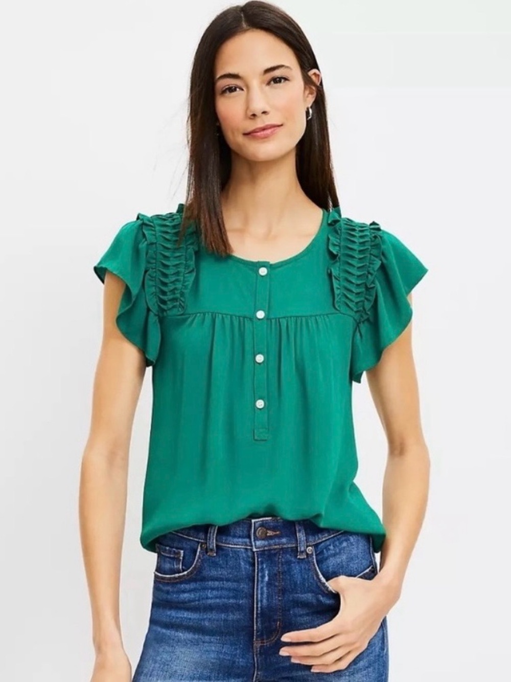 NWT  LOFT  Kelly Green Henley Ruffle Sleeve Top - XS